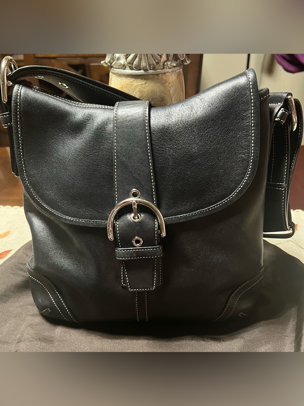 Coach Black Leather Shoulder Bag with Silver-Tone Buckle